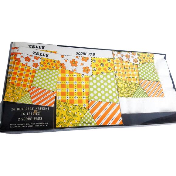 Vintage Contempo Bridge Set Patchwork Psychedelic Napkins Tallies Score Cards - Picture 1 of 8